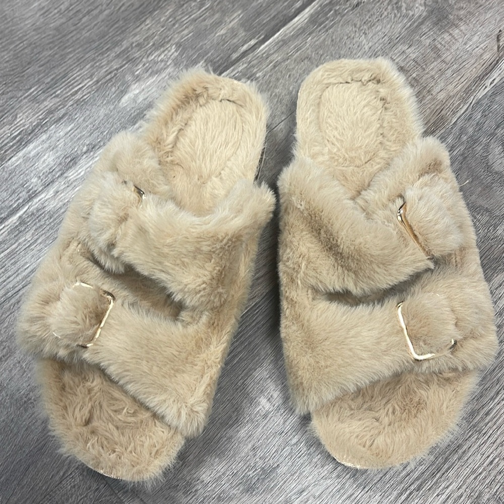 FITORY Open Toe Slipper with Cozy Lining,Faux Rabbit Fur Cork Slide Sandals
